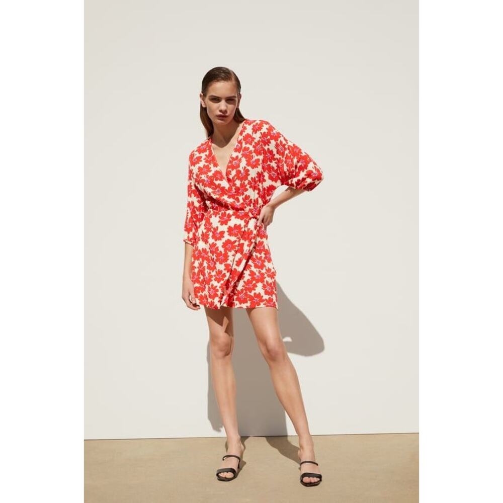Zara Red Floral Print V-Neck Tie Waist‎ Wrap Mini Dress Size XS